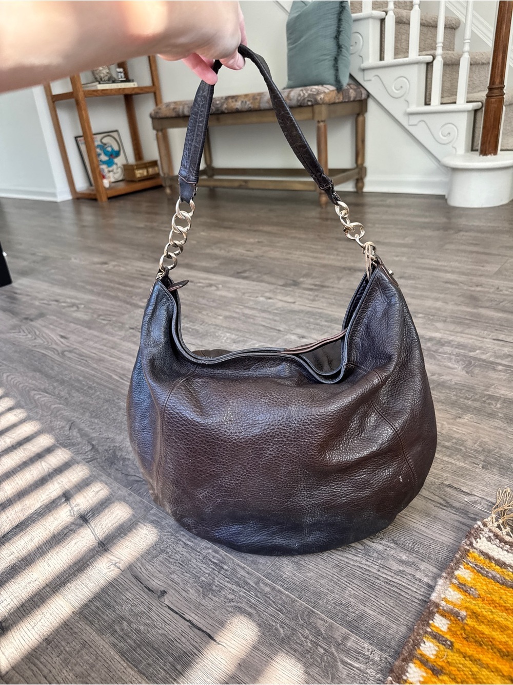 Liz Claiborne Dark Brown Pebbled Leather Hobo with Gold Chain Accent